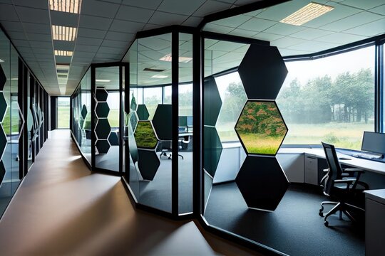 Huge bright office space with hexagonal windows, glass partitions. Generative AI.