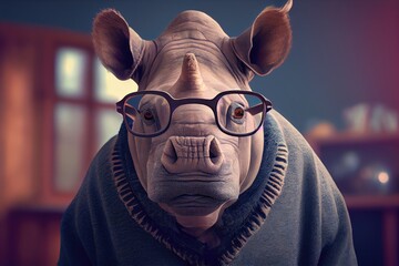 Hipster Rhinoceros wearing clothes and glasses. Generative AI.