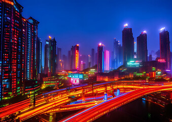 Fototapeta na wymiar vivid color futuristic colorful lights city oil painting 