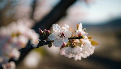 A close-up of a single cherry blossom with blurred trees in the background, portrayed in camera, Spring time cherry blossom sakura, blossom in spring. Generative AI