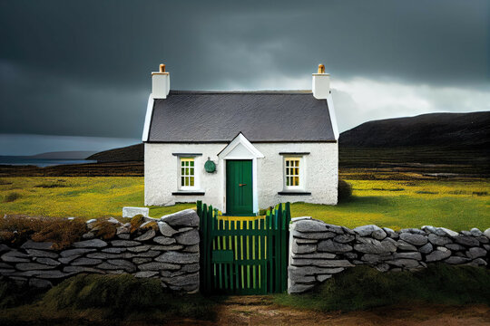 A traditional Irish cottage with a green door, surrounded by lush green fields - Generative AI