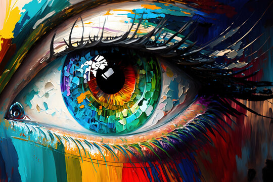 Conceptual abstract picture of the eye. Oil painting in colorful colors. Conceptual abstract closeup of an oil painting - Generative AI © Hanjin