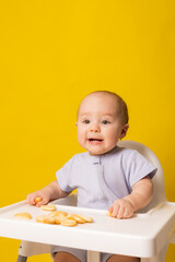 a cute baby is sitting in a child's chair eating cookies. Yellow background. Baby food, space for text