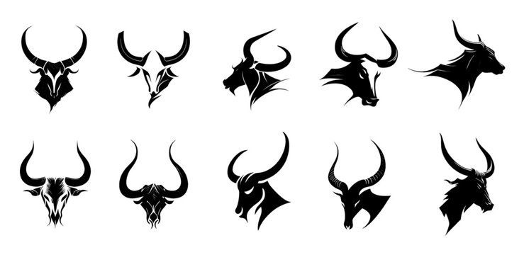Vector set of bull head logo with horns. Black and white style. Spanish bull. Ideal for postcard, book, poster, banner, t-shirt. Set icons. Vector illustration