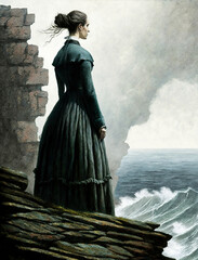 An elegant lady facing the ocean, 19th century dresses, in the style of Caspar David Friedrich - generative ai