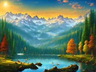 Mountain Landscape with Lake, Generative AI Illustration