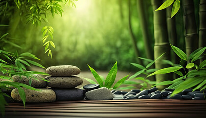 Background with zen stones and green bamboo - obrazy, fototapety, plakaty
