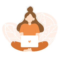 Girl with laptop sitting in the lotus pose. Vector illustration in flat cartoon style. Concept of freelance, work from home and online education