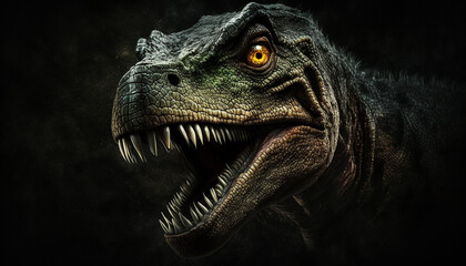 Close up on a The head of dinosaur in the dark background. High quality photo