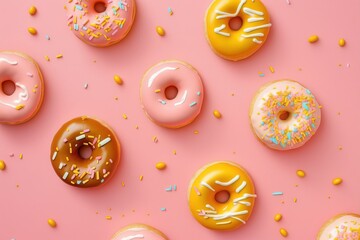 Sweet Celebration: Top view on glazed sweet doughnuts on the minimalistic colored surface. AI