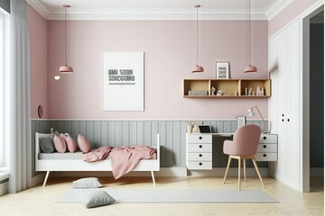 Modern stylish children bedroom interior in pastel colors. Bright daylight. Minimalistic design. AI