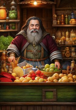 Dwarf merchant in a general store. Fantasy. Generative AI.	