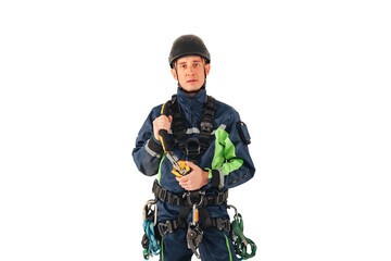 Portrait industrial mountaineer worker in uniform on white empty isolated background, looking at camera. Rope access laborer with equipment posing. Concept of industry urban works. Copy ad text space