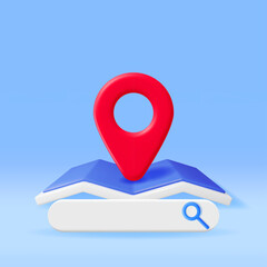 3D Location Folded Paper Map with Magnifying Glass Isolated. Blue GPS Map and Search Loupe Icon. GPS and Navigation Symbol. Element for Map, Social Media, Mobile Apps. Realistic Vector Illustration