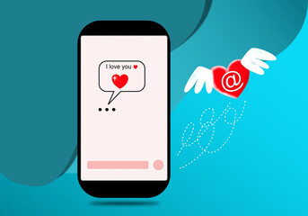 Valentines Day card. Heart with wings flying from a mobile smart phone. Conversation on social networks. Illustration.
