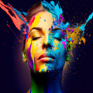 Illustration of a woman's face with her eyes closed being splashed with colored paint - Generative AI