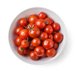 Pickled tomatoes in a plate on a white background. Top view