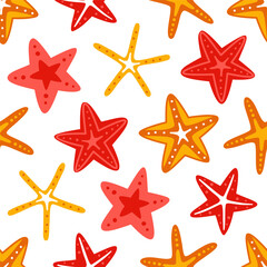 Vector seamless pattern with starfish on a white background. Summer sea print. 