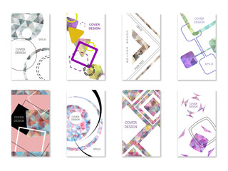 Cover design. Set of 8 covers. Imitation of crumpled paper. Unusual bright abstract background for magazine, book, splash, banner, vector. Imitation of crumpled paper