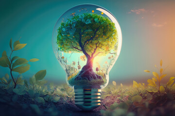 Green life in lightbulb concept, Generative AI