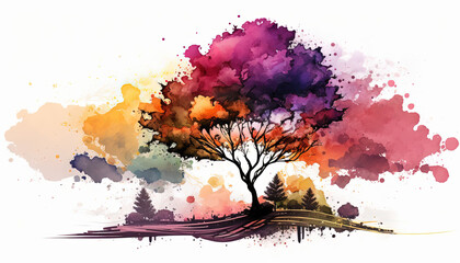 Colorful tree watercolor paint brush background