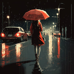 Woman with red umbrella crossing the street