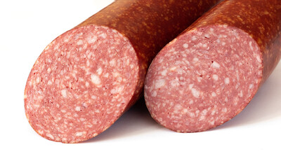 A sausage stick cut in half on a white isolated background