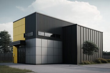 Obraz premium exterior of a modern warehouse with a small office unit generative ai