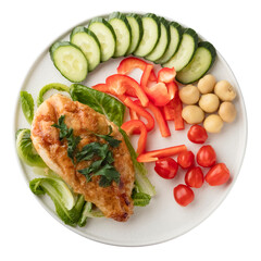 Fried chicken fillet with fresh vegetables on a white plate. Isolated object on a transparent background. top view