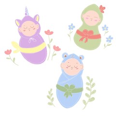 card with three cute newborn babies in funny outfits. Birth of triplets