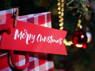 Merry Christmas gift tag greeting on festive background medium shot