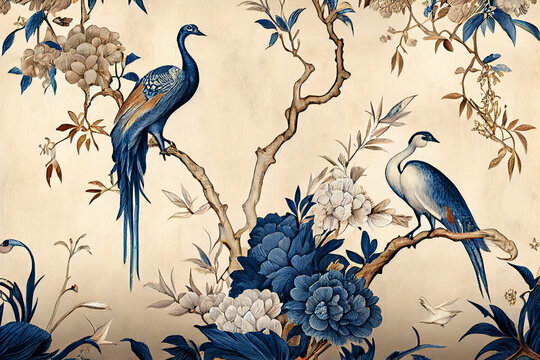 classic vintage peacock pattern wall paper, pattern with birds and flowers on blue background, white and blue peacocks standing on a branch beautiful composition