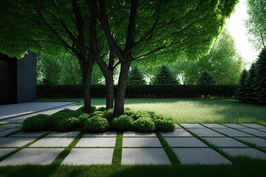 Green grass beside paver block and surounded by big trees generative ai 