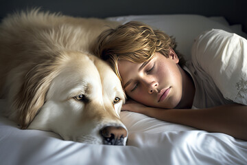 A boy sleeping with a golden retriever, Generative AI
