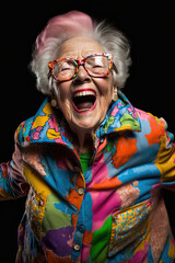 Happy grandmother laughing, with clothes full of color. ia generate