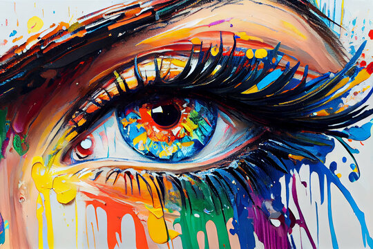 Colorful female eye oil painting with multicolor smudges. Generative AI digital art.