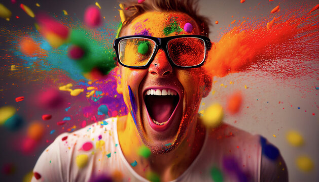happy young man with paint on his face. colorful image. Ai generated