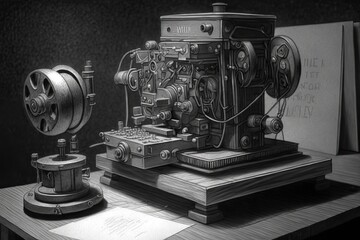 pencil sketch of telegraph machine, black and white pencil and pen, ai