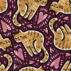 Seamless pattern with cute cartoon cats. Digital illustration.