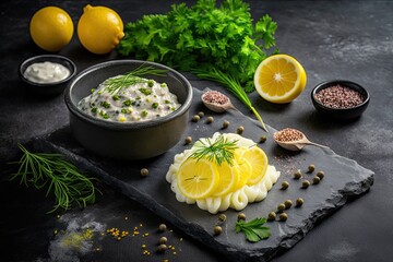 Homemade white sauce tartar tartare with ingredients pickles, capers, dill, parsley, garlic, lemon and mustard on a dark black stone concrete background generative ai