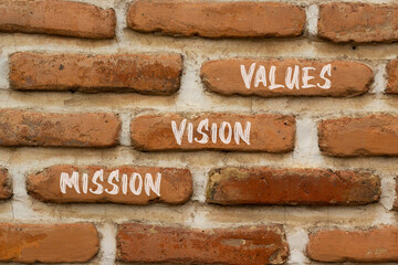Mission vision values symbol. Concept words Mission Vision Values on red brown brick wall on a beautiful brick wall background. Business mission vision values concept. Copy space.