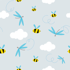 Fototapeta na wymiar Seamless vector pattern with cute bees, dragonflies and clouds. Print for children textile, pack, fabric, wallpaper, wrapping.