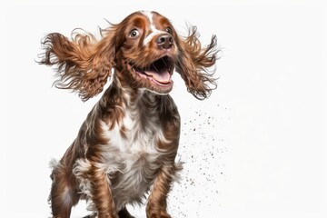 Pure youth crazy. English cocker spaniel young dog is posing. Cute playful white-braun doggy or pet is playing and looking happy isolated on white background generative ai