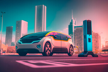 Minibus van car at an electric charging station against the backdrop of a modern metropolis city with skyscrapers in neon style. Generative AI