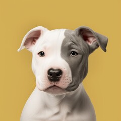 Studio shot of a gray and white pit bull puppy on yellow background generative ai