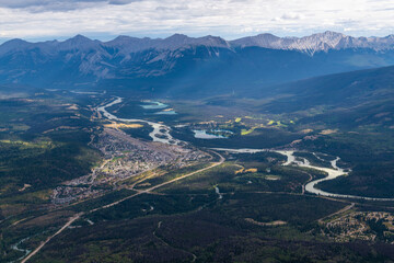 Jasper town and Athabasca river landscape with canadian rockies in background seen from Mount...