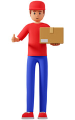 3d illustration of courier hold box and show thumb finger up. Logistics concept with standing courier in cap hold parcel and showing good sign with finger