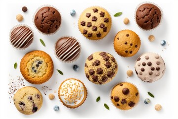 top view of assorted fresh tasty muffins isolated on white generative ai