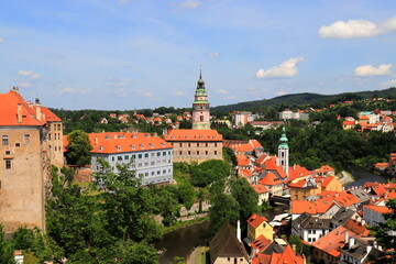 Fototapeta premium Czech Republic, Krumlov. Historical Czech town, gothic architecture. Panorama of Cesky Krumlov. A beautiful amazing city on Vltava River.