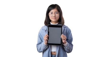 portrait of Mexican young girl holding woman showing message on tablet